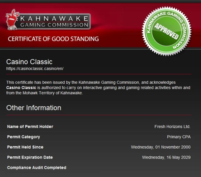 Kahnawake Gaming Commission license for Casino Classic Canada