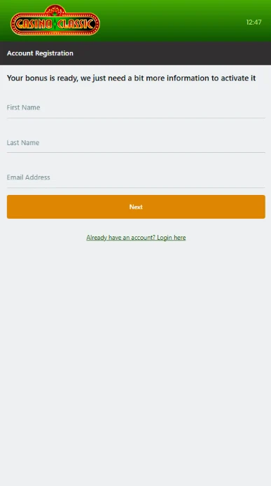 Claccis Casino Sign Up Step 1
